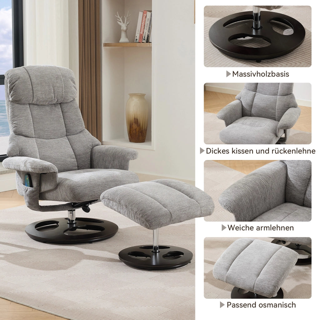 Poltrona relax con massaggio a 5 punti e funzione riscaldante girevole 360° con poggiapiedi in chenille grigio