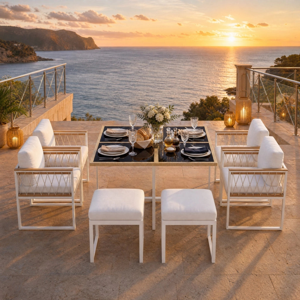 Set da pranzo da esterno 6 posti con tavolo 117x117 cm; vetro temperato e dettagli rattan