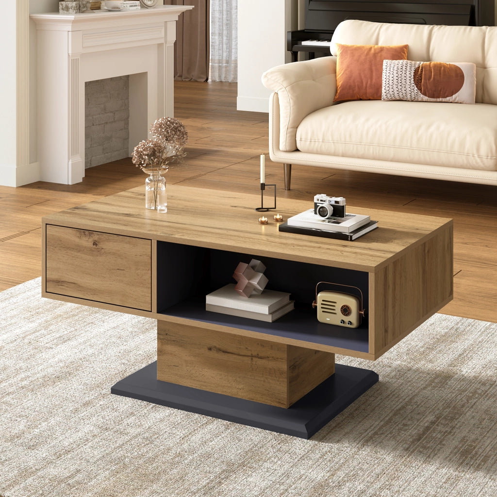 Tavolino da Salotto con Contenitore Bifacciale e Vano Interno; Design Moderno; in Truciolato; Grigio Rovere