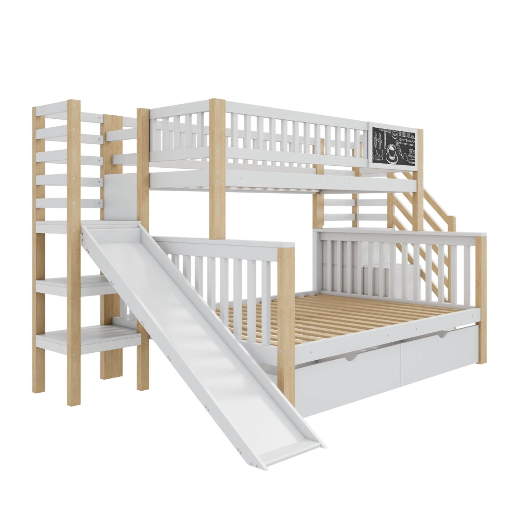 OKWISH Letto a Castello 140×200 cm e 90×200 cm, Letto 3 Posti con Scala Contenitore, Armadio e Scivolo, senza Materasso, Bianco