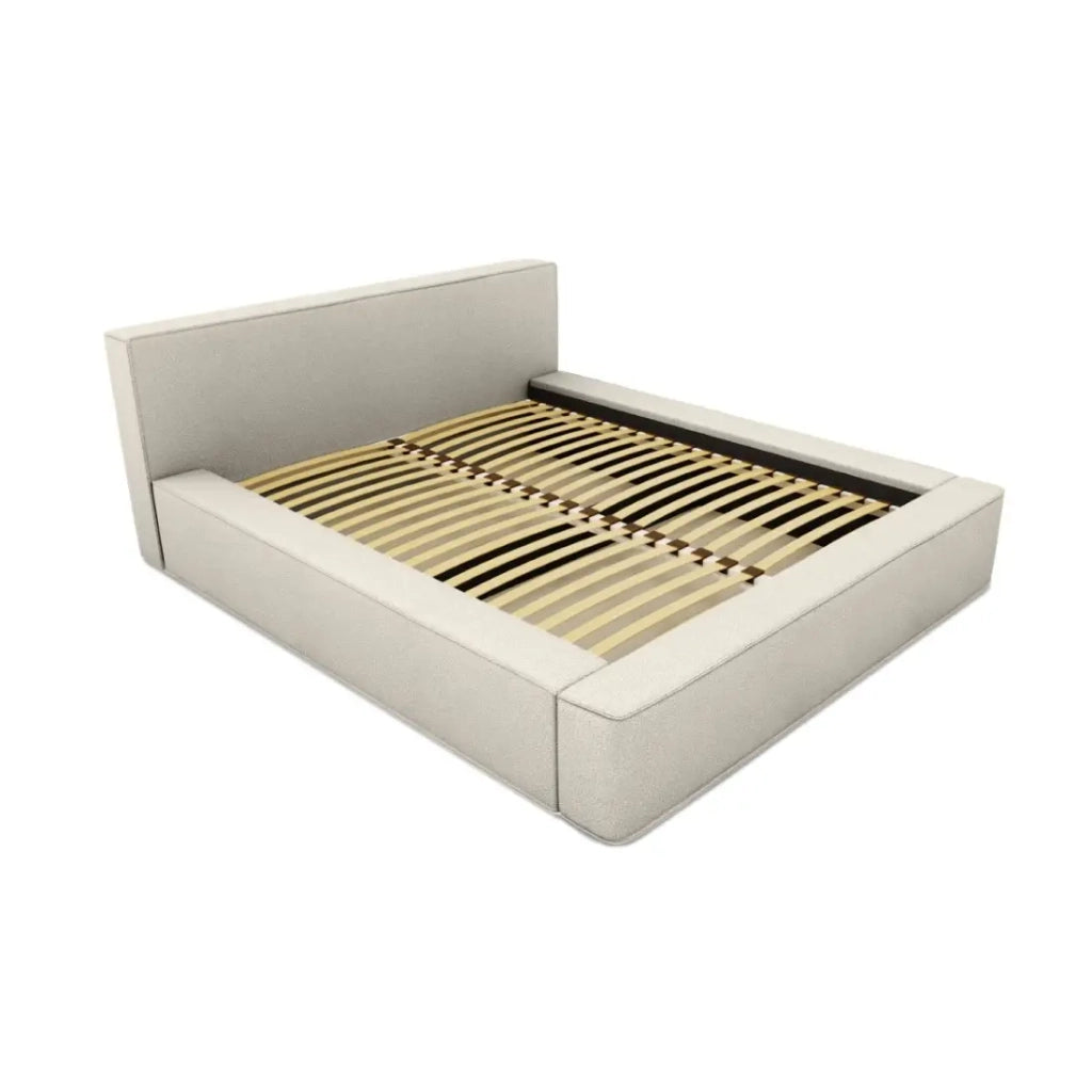 Letto contenitore VELORA – Sabbia ricciolata – 180x200 cm – Tessuto effetto lana – Rete sollevabile – Contenitore integrato