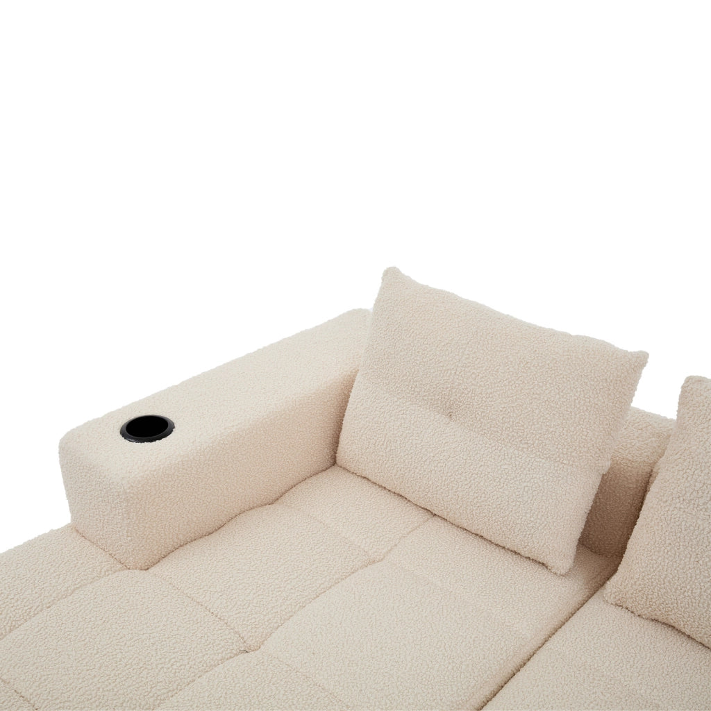 Divano angolare 258 cm con portabicchieri e seduta profonda in poliestere beige per soggiorni piccoli e uffici