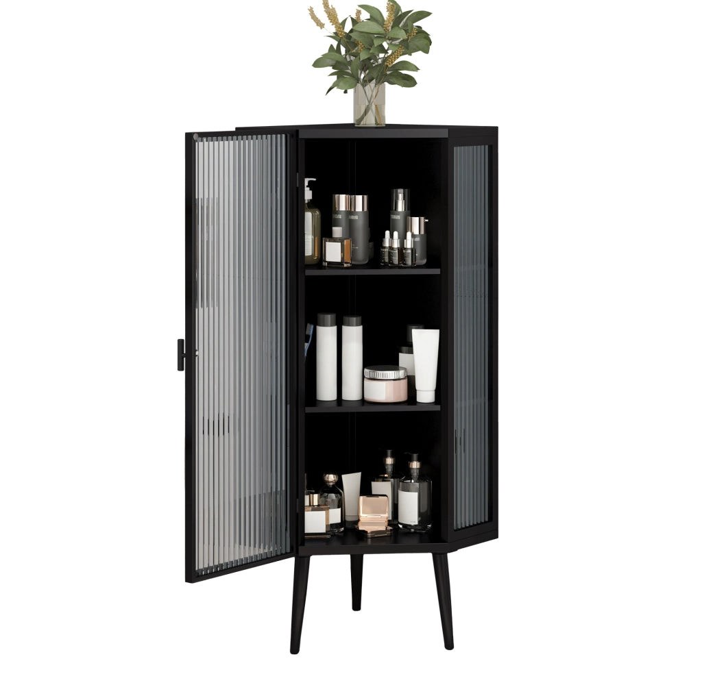 Mobile ad angolo da terra 56x42;5x110 cm in metallo e vetro temperato nero