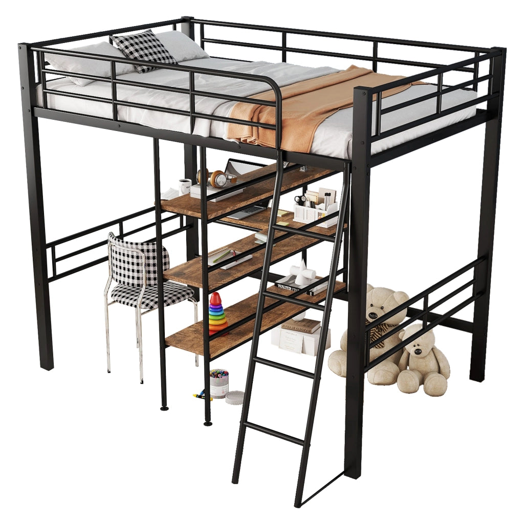 Letto a Soppalco Letto Singolo con Scrivania; Scaffali; Scala e Sponde 90 × 200 cm; senza Materasso; Nero