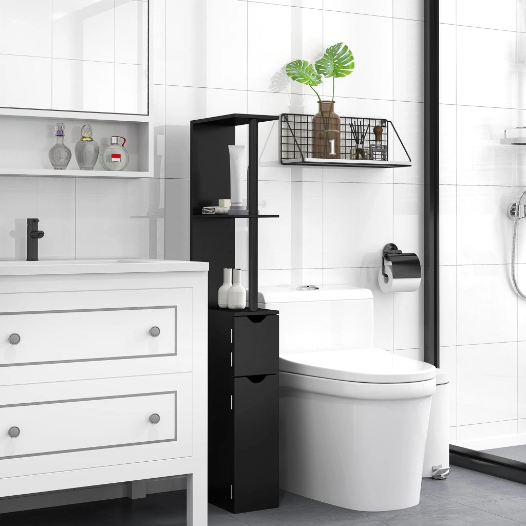 Mobile a Colonna da Bagno Salvaspazio 2 Ripiani e 2 Armadietti 15,2x29,8x118 cm Nero e Oro