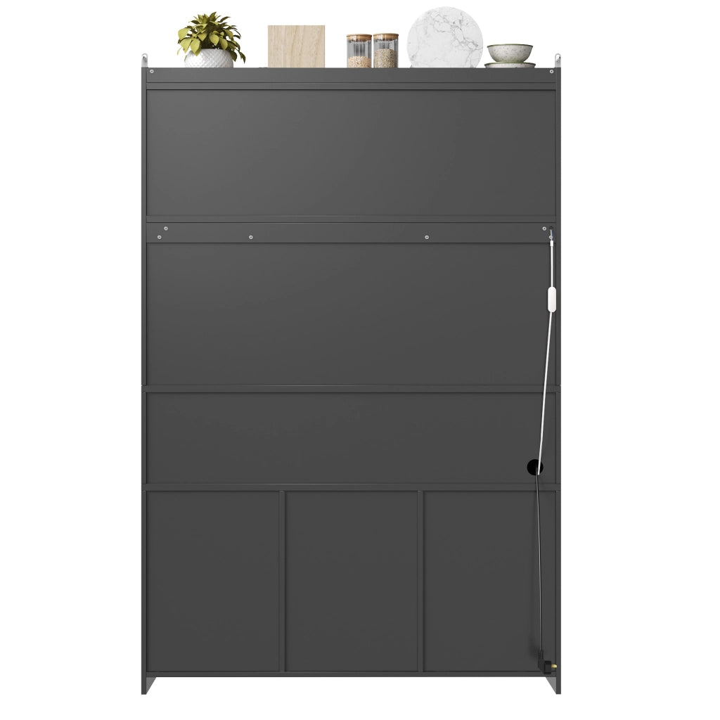 Credenza alta da cucina con LED, porta in vetro e ripiani regolabili, USB, in MDF nero, 120 × 40 × 181.7 cm