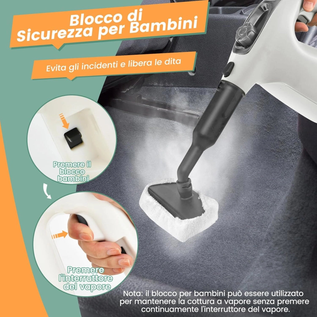 1500W Pulitore a Vapore Portatile, Macchina a Vapore con Serbatoio d'Acqua da 400 ml Blocco per Bambini e Kit di Accessori da 14 Pezzi, 33x13x24,5 cm (Grigio)
