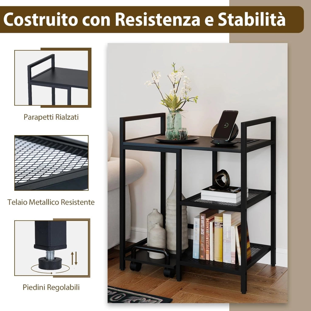 Supporto per Stampante con Stazione di Ricarica, Tavolino per Stampante a 3 Ripiani con Scaffali Portaoggetti, Supporto Mobile con Ruote Blocccabili per Studio e Ufficio (Nero)