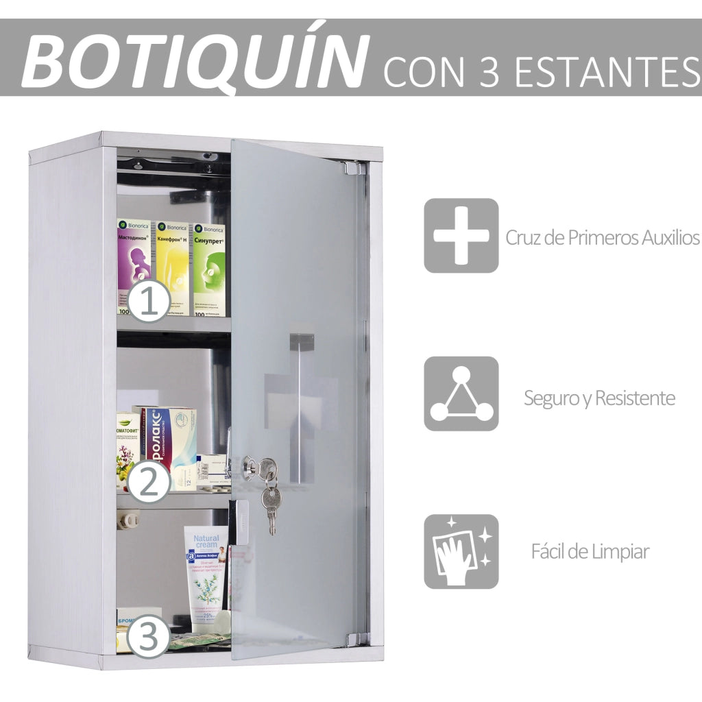 Armadietto Medicinali da Parete ¨C Xylo ¨C Acciaio Inox con Serratura 3 Ripiani