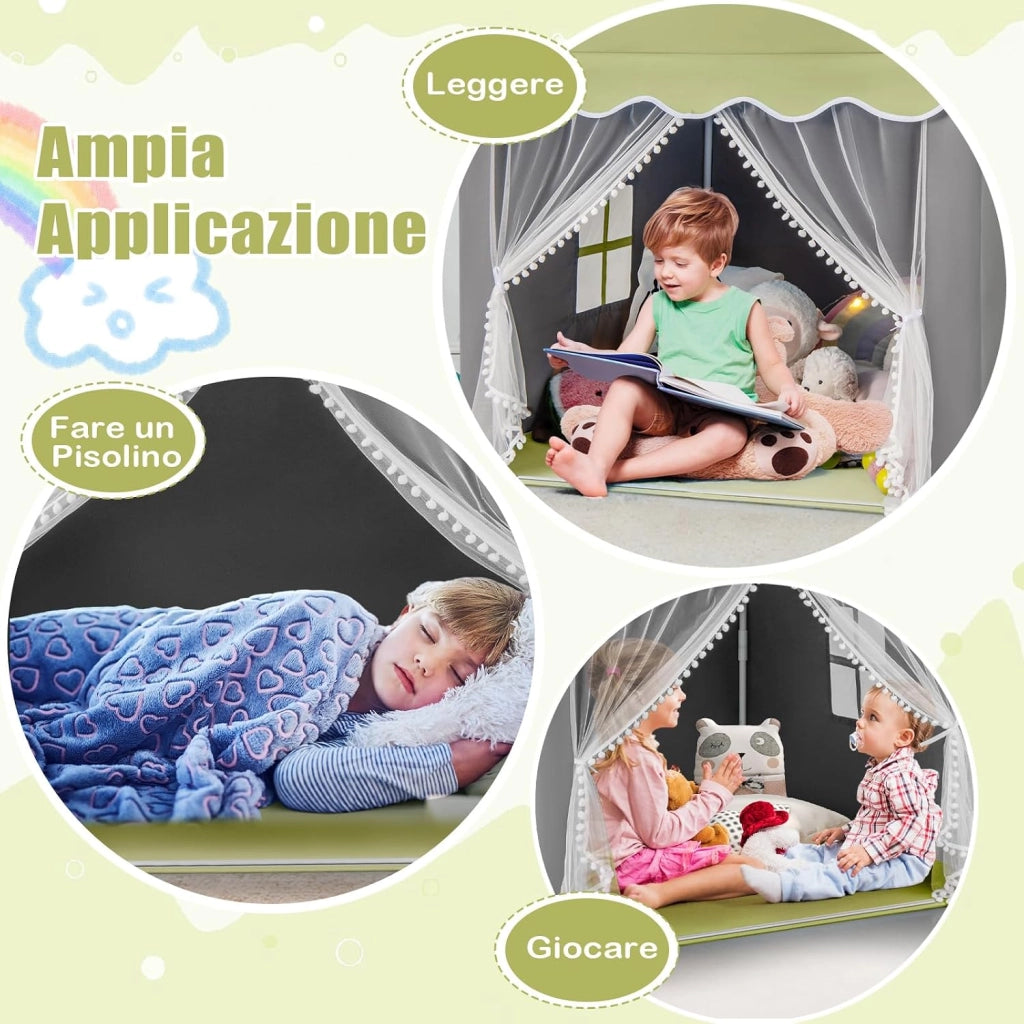 Tenda da Gioco per Bambini, Tenda Castello con Tappetino Lavabile, Luci a Forma di Stella, per Interno ed Esterno, 105 x 121 x 136 cm (Stile 2 Verde)