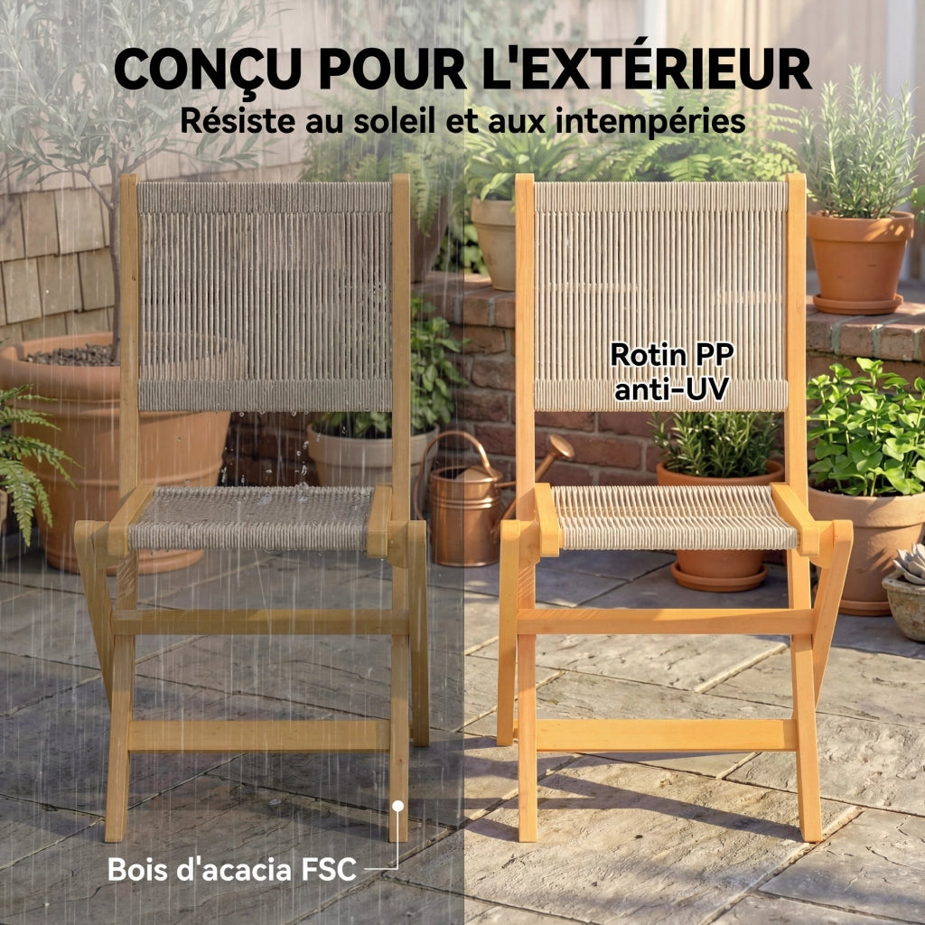 Sedia da giardino pieghevole in legno di acacia ¨C zephmum ¨C corda intrecciata naturale e beige