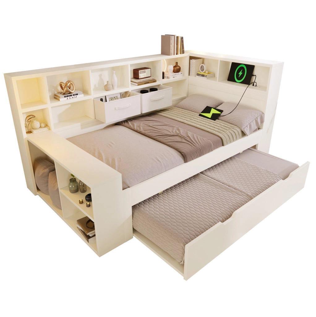 Letto 90x200 cm con letto estraibile; USB e Type-C in legno e truciolare bianco