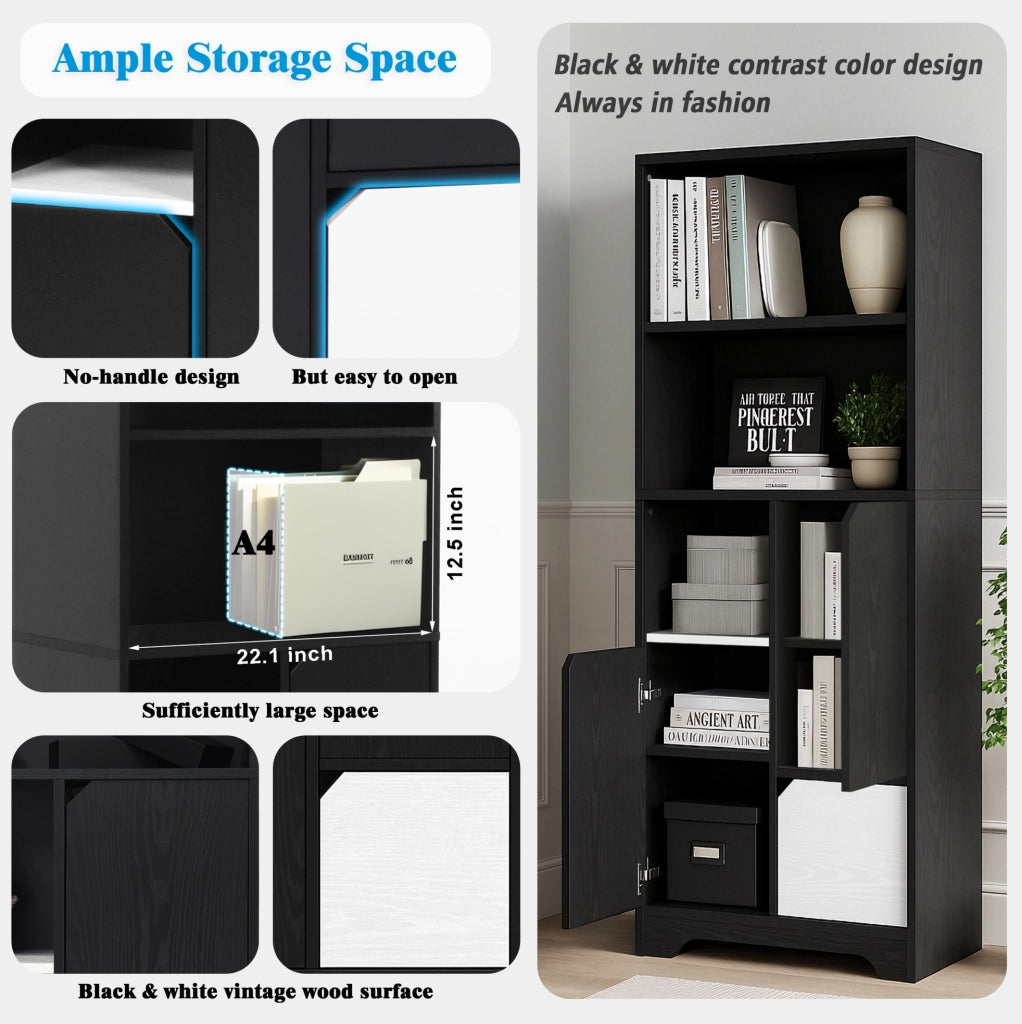 Libreria con 2 ripiani aperti e anta; 60x35x160 cm; truciolare nero