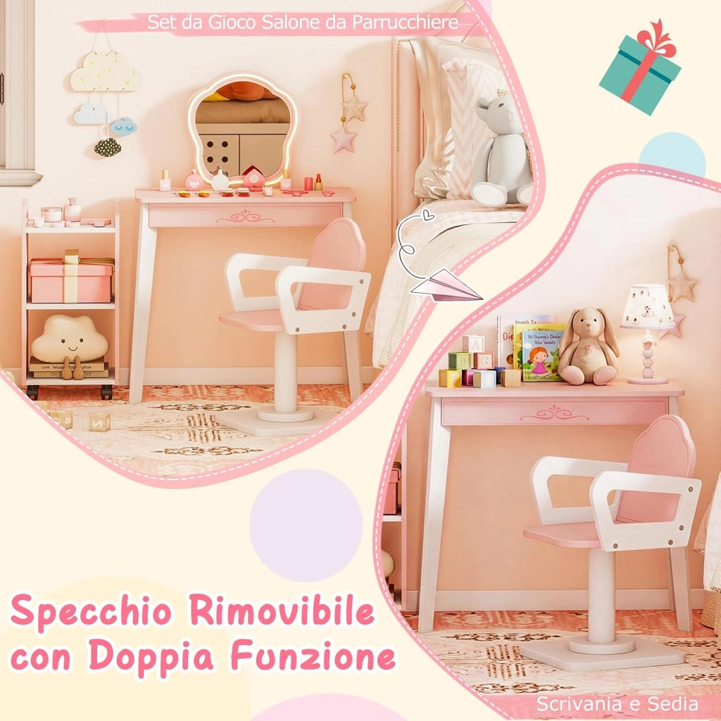 Set Toeletta per Bambini con Specchio Illuminato a LED | Tavolo per Manicure con Poltrona Girevole e Carrello con Ruote, Postazione Trucco con Asciugacapelli e Pettine per Bambini 3+