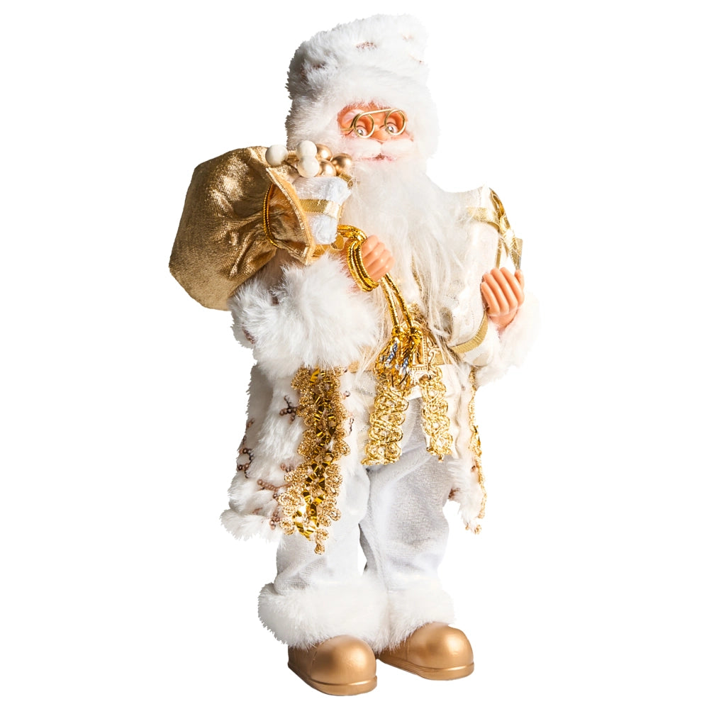 Figurina decorativa in tessuto e materiale sintetico bianco e oro Babbo Natale Figura di Natale Ornamento natalizio