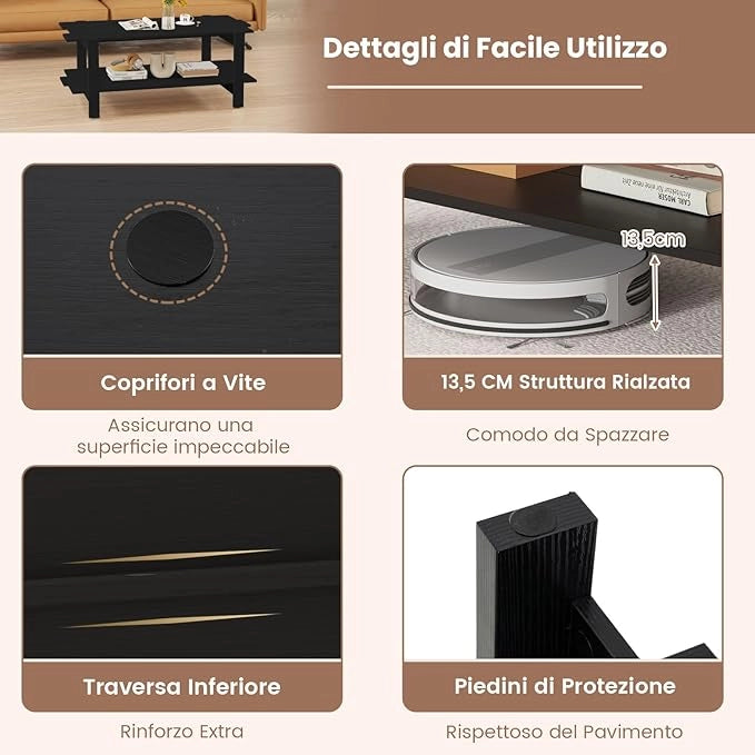 Tavolino da Caffè a 2 Ripiani, Tavolino Rettangolare da Salotto in Legno con Mensola di Stoccaggio, Ideale per Ufficio e Soggiorno, 115 x 59 x 46 cm (Nero)