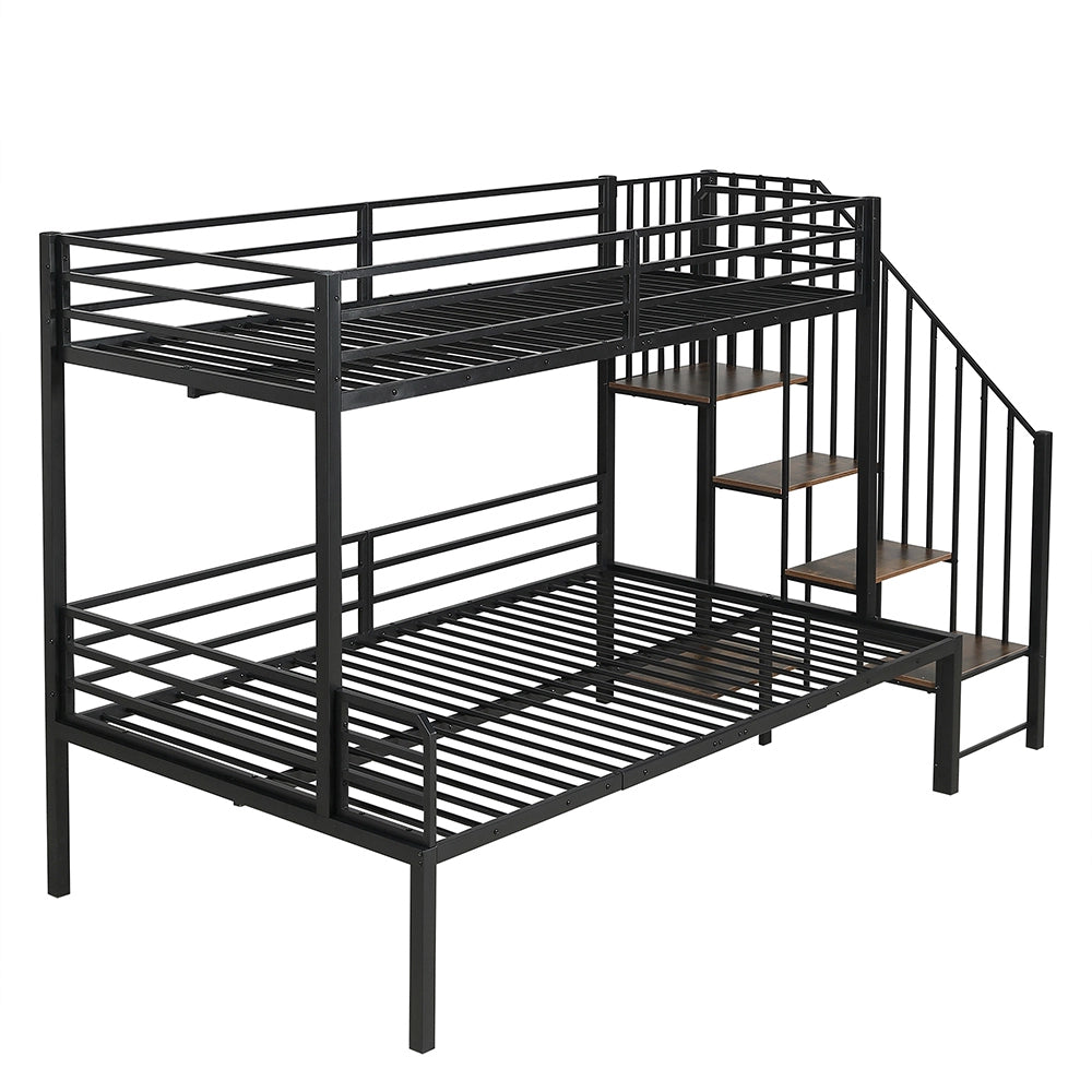 Letto a Castello Ferro – Xylo – 90x200 e 120x200cm, Scala Angolare con Ripostiglio, Nero/Legno Vintage