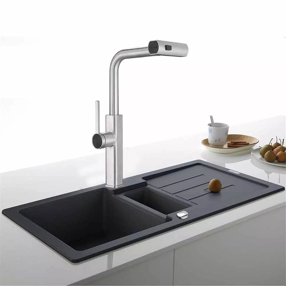 Trade Shop - Rubinetto Cucina Estraibile Erogatore Girevole 2 Getti Cromato Miscelatore 87255 -