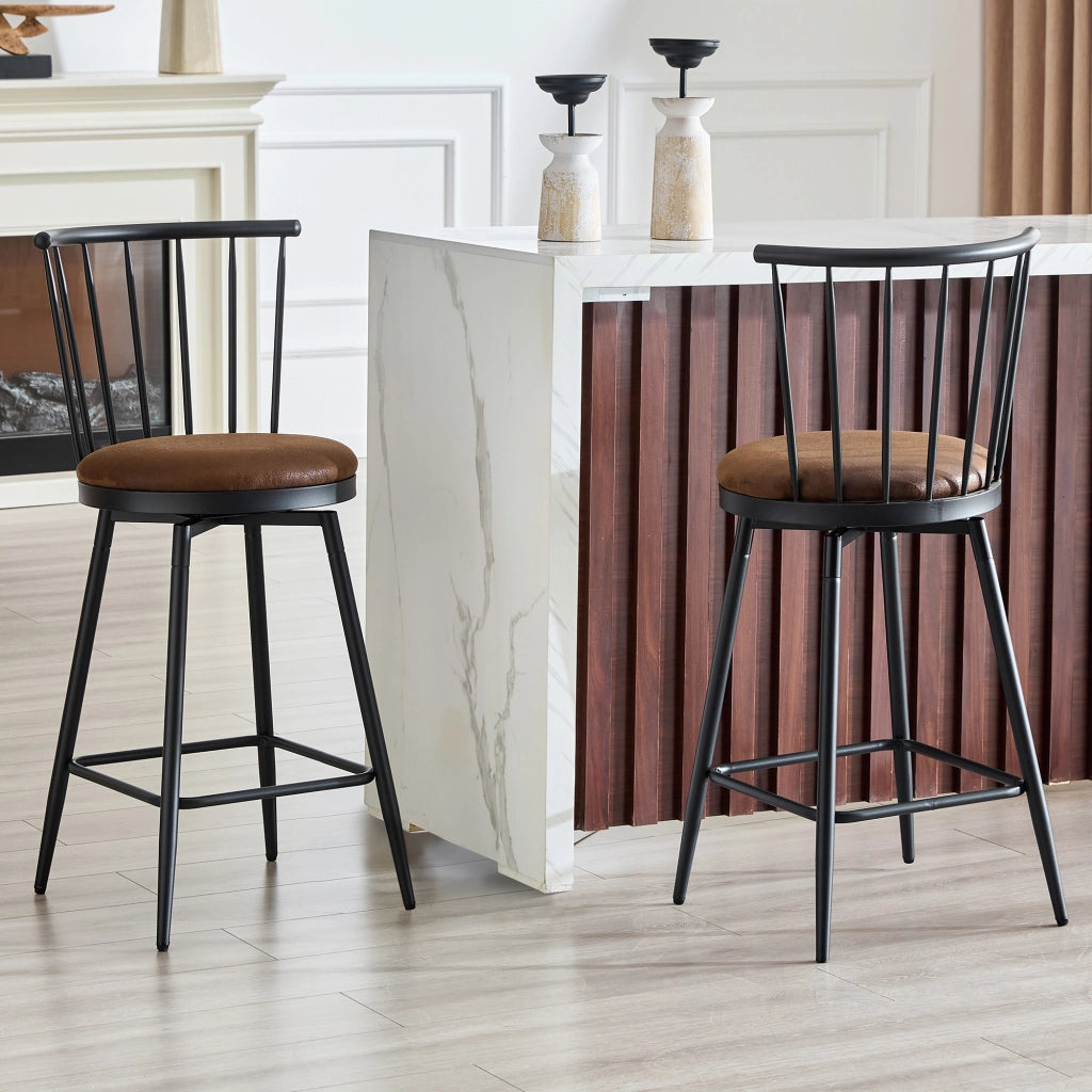Sgabello da bar in stile Windsor con seduta imbottita e struttura in metallo, colore marrone