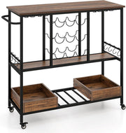 Carrello di Servizio Industriale a 3 Livelli, Carrello da Cucina con Portabicchieri, Porta Bottiglie, 107,5x40x91,5 cm