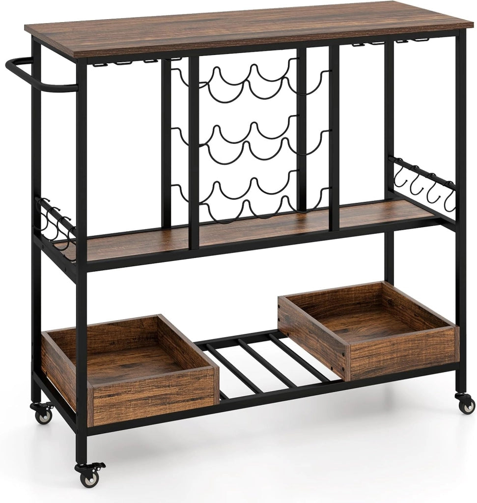 Carrello di Servizio Industriale a 3 Livelli, Carrello da Cucina con Portabicchieri, Porta Bottiglie, 107,5x40x91,5 cm