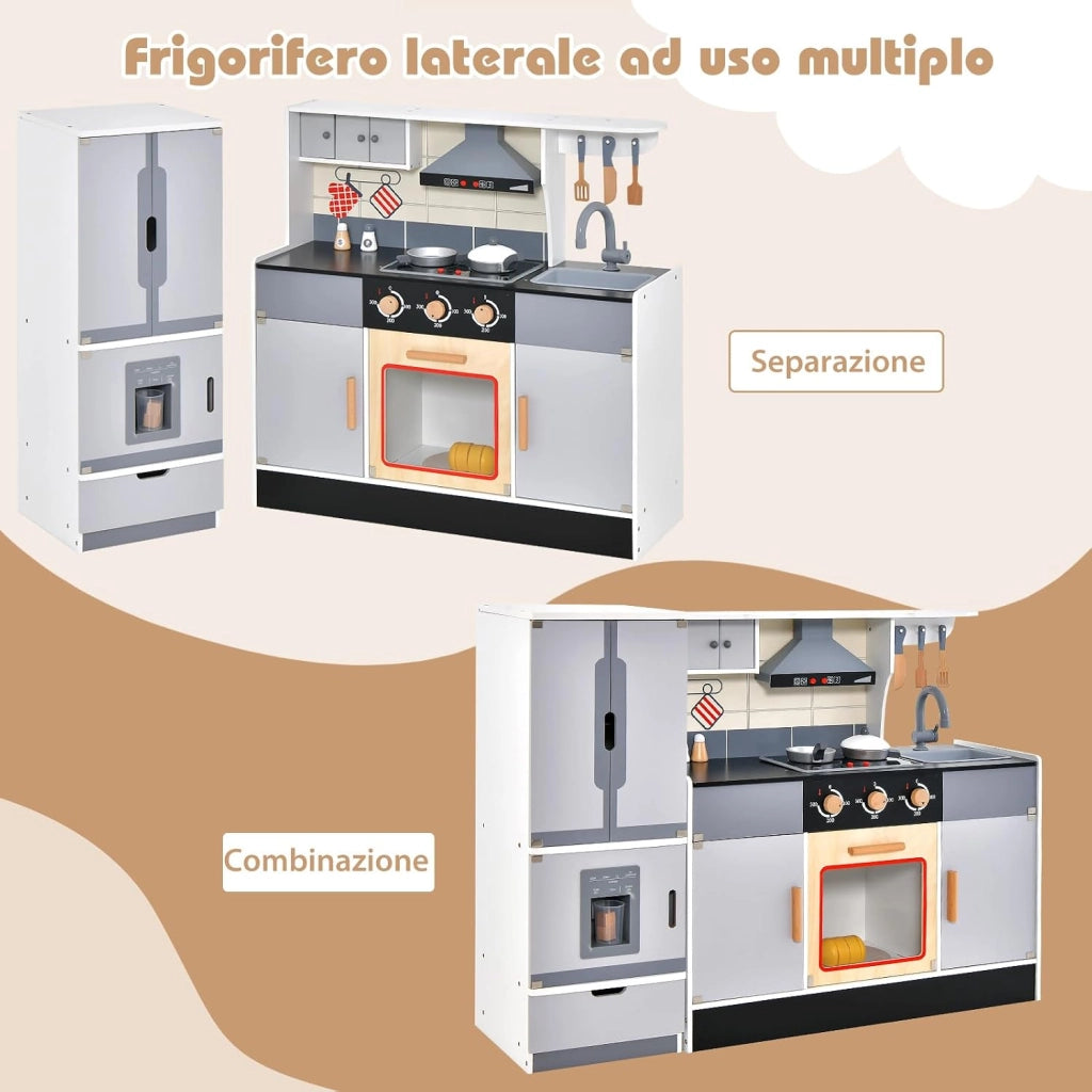 Cucina per Bambini in Legno con Funzione Luci e Suoni, Frigorifero, Macchina del Ghiaccio, Forno, Microonde, Lavello e Rubinetto, 3+ Anni