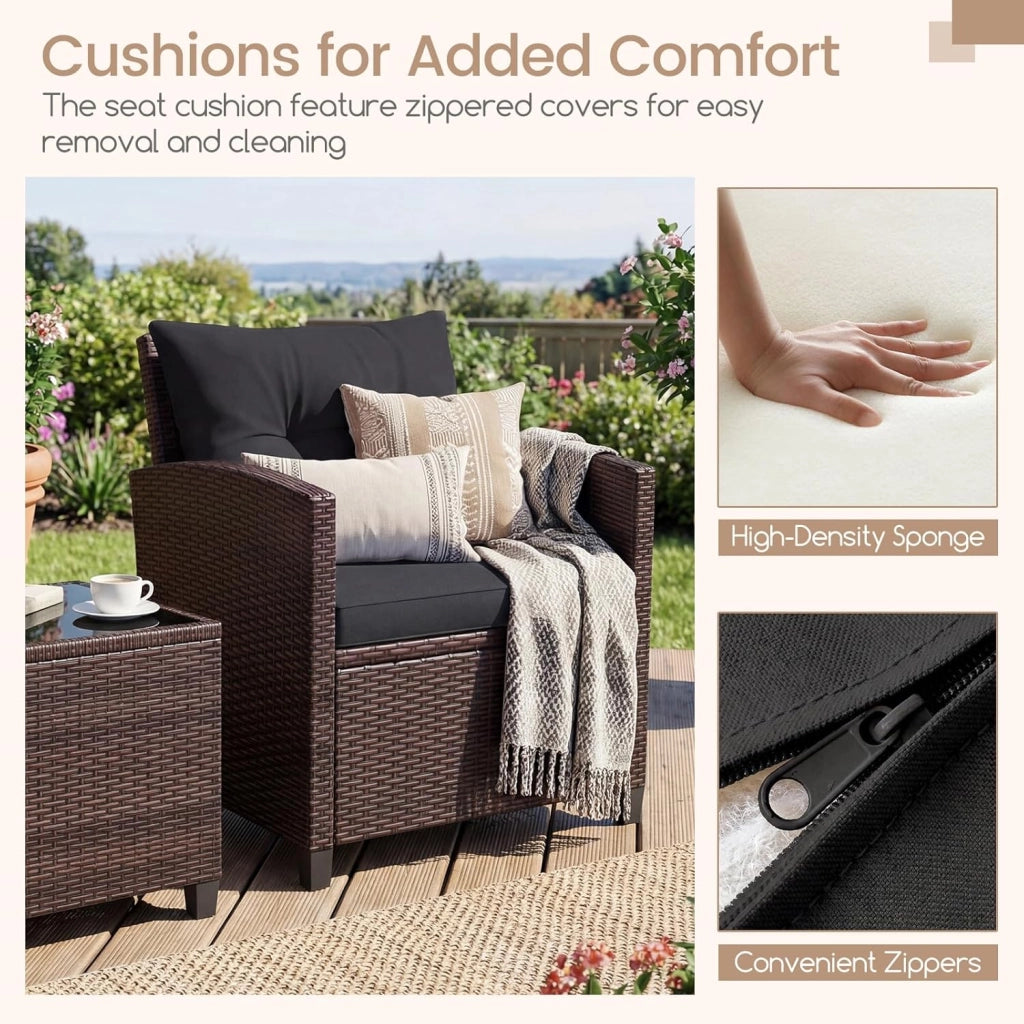 Set di Mobili da Giardino, in Rattan, 3 Pezzi Mobiletti, 1 Tavolino + 2 Poltrone, Salottino da Esterno, con Cuscini per Balcone, Giardino, Cortile, Terrazza, 3 Colori (Nero)