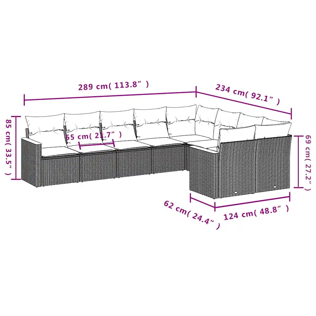 Set Divani da Giardino 9 pz con Cuscini Nero in Polyrattan 3226302