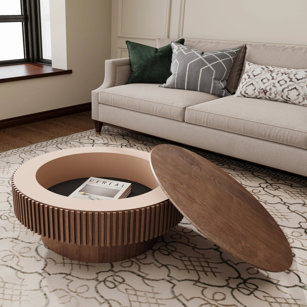 Tavolino basso rotondo con contenitore nascosto, in MDF e legno massello, finitura noce, per soggiorno e ufficio, Ø 75 cm