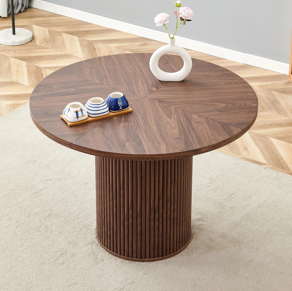 Tavolo da pranzo rotondo 100 cm con piano a 4 segmenti; montaggio rapido in MDF; noce