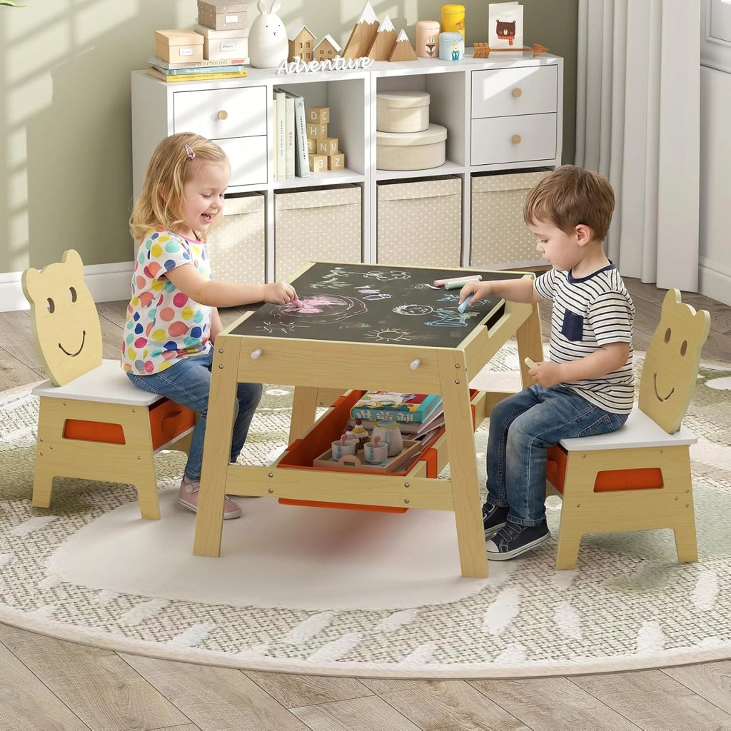 Set Tavolo e 2 Sedie per Bambini, 5 in 1 Tavolino e Sedie con 4 Ganci, 3 Scatole in Tessuto e Lavagna Reversibile per Bambini 3+ Anni per Cameretta Ragazzi (Naturale, Stile 4)