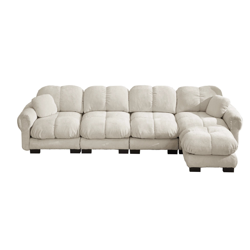 Divano modulare 330x149x90 cm con pouf mobile in ciniglia; kaki chiaro