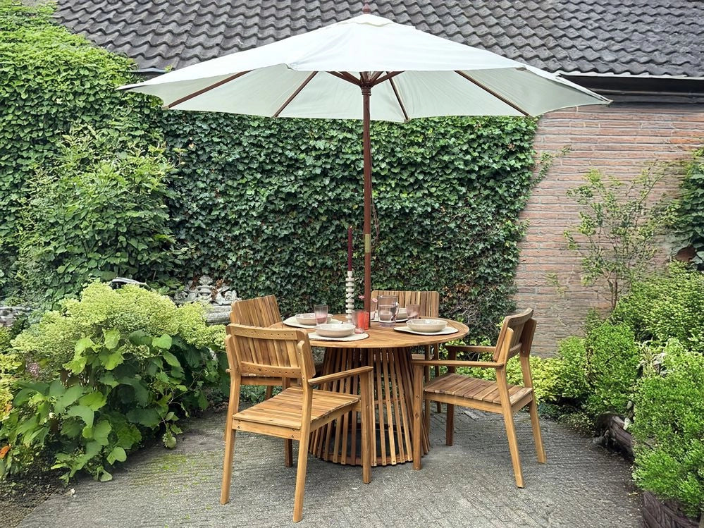 Set da pranzo da giardino 5 pezzi Tavolo rotondo in legno d'acacia 4 sedie Ombrellone da esterno