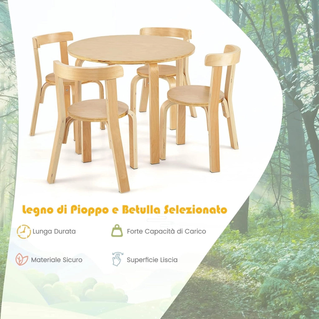 Set Tavolo e Sedie per Bambini, con Schienale Curvo in Legno, Tavolo Attività per Bambini con 4 Sedie, Capacità di Peso 25kg, 4+ Anni (naturale)
