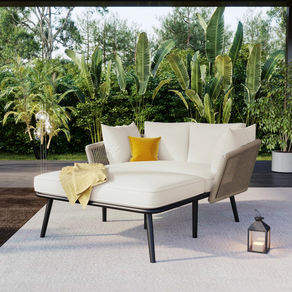 Chaise longue da giardino con cuscino spesso e braccioli intrecciati in corda, acciaio zincato, khaki sfoderabile