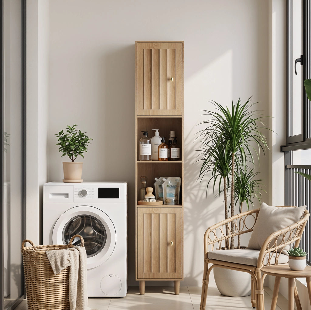 Armadio alto bagno 32x30x169 cm con ante scanalate e maniglie dorate in MDF naturale
