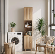 Armadio alto bagno 32x30x169 cm con ante scanalate e maniglie dorate in MDF naturale