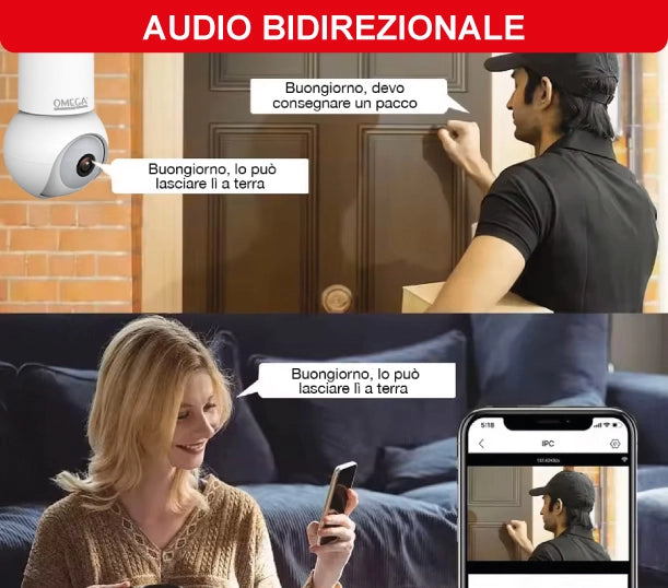 Telecamera Smart WiFi con Attacco E27 – FHD 1080P, Rilevamento Umano, Visione Notturna