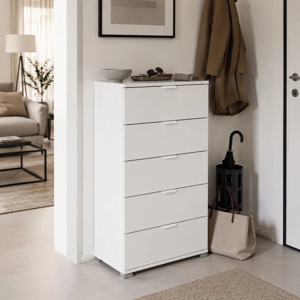 Cassettiera 5 Cassetti Bianca Già Montata | Mobile Salvaspazio 60x103x38 cm | Comò Moderno per Camera da Letto, Bagno e Lavanderia con Guide Scorrevoli
