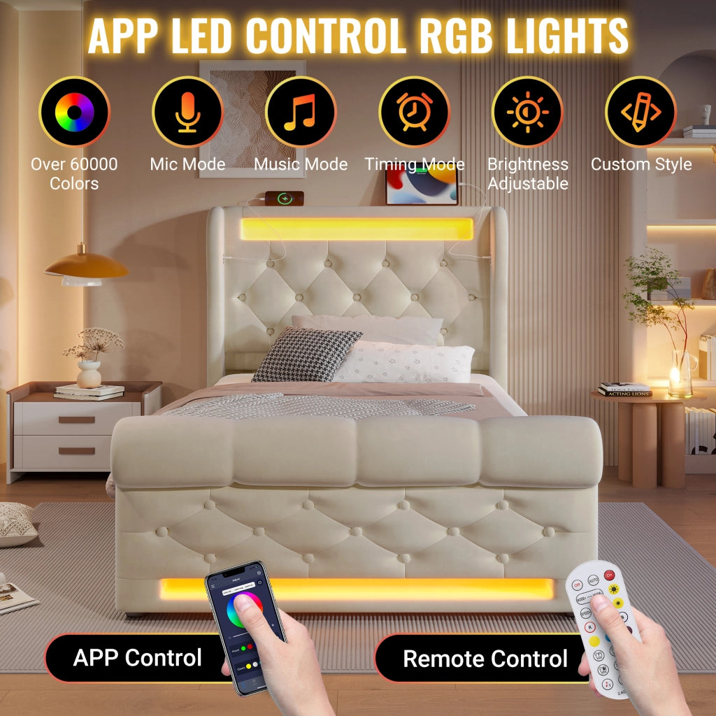 Letto imbottito singolo 90×200 cm con LED; contenitore; USB e Type-C; materasso incluso; velluto; beige