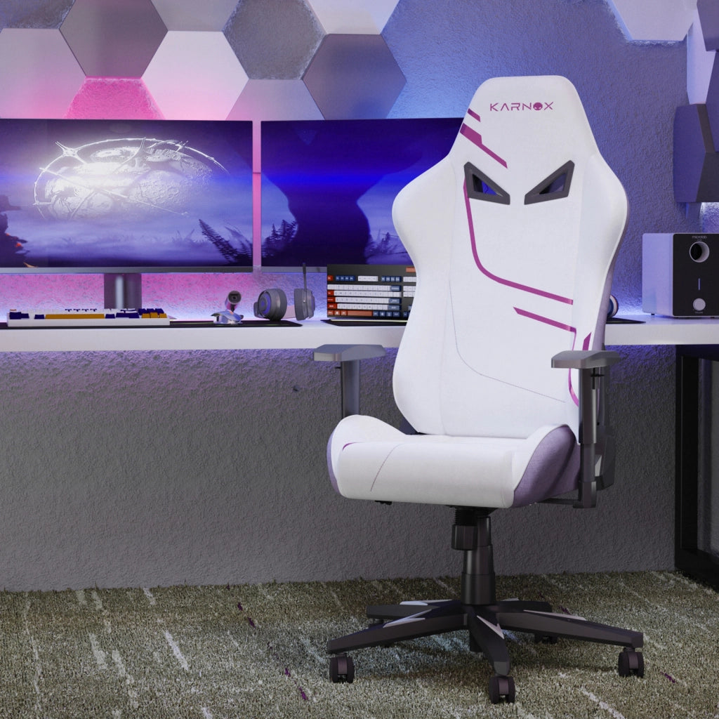 Sedia Gaming Ergonomica Reclinabile ¨C MINIMAL ¨C Tessuto, Schienale Alto, Bianco e Viola