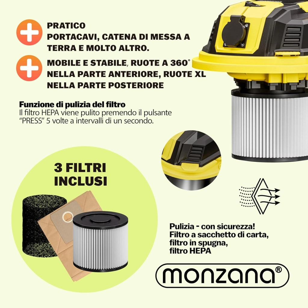 ® Aspirapolvere Liquidi Solidi 30L 2200W Presa Certificata GS Raggio 9m Aspiratore Secco Umido Industriale Acciaio Inox con Funzione di Soffiaggio