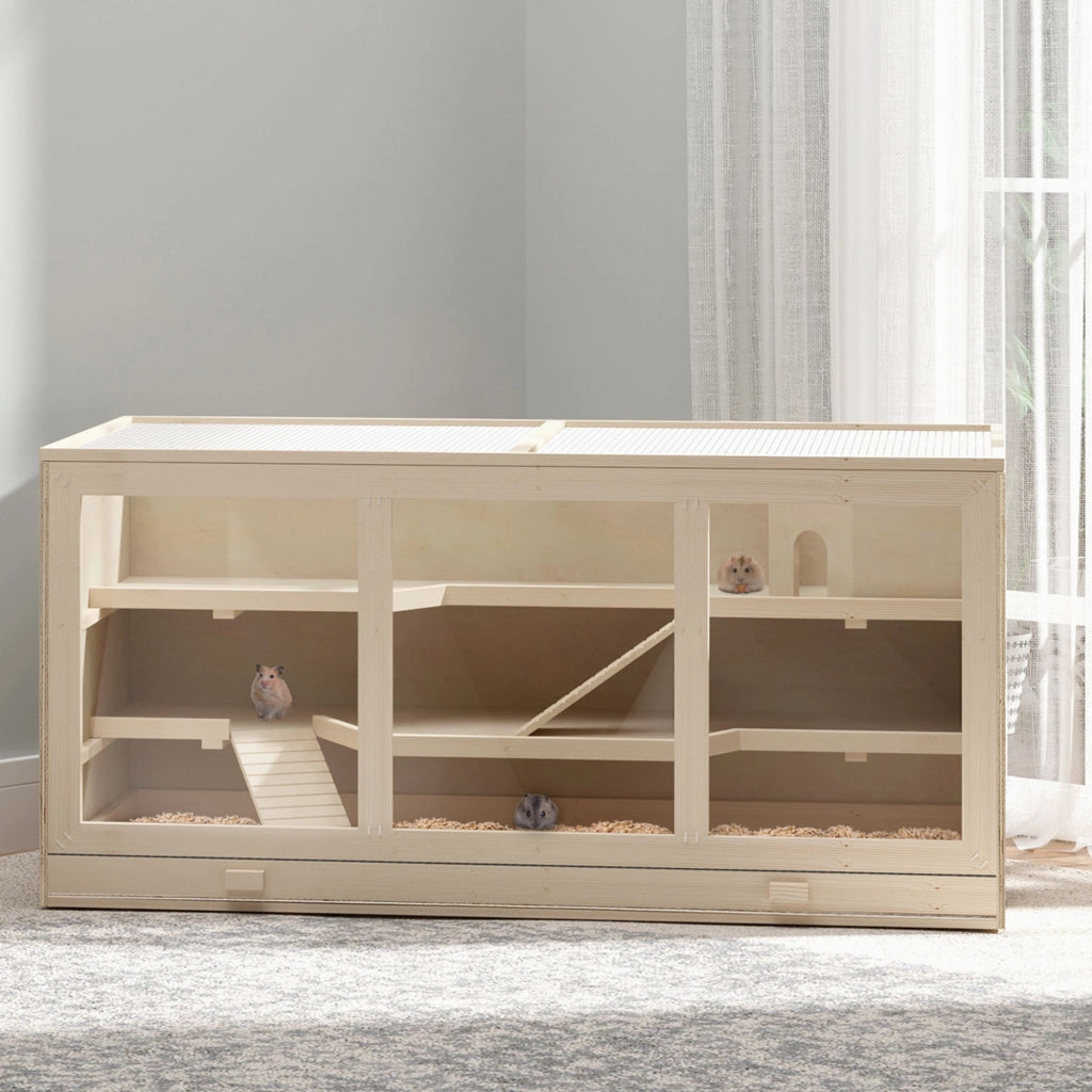 Gabbia per Criceti in Legno 3 Livelli con Scala e Ripiano ¨C zephmum ¨C 115x57x55 cm Naturale