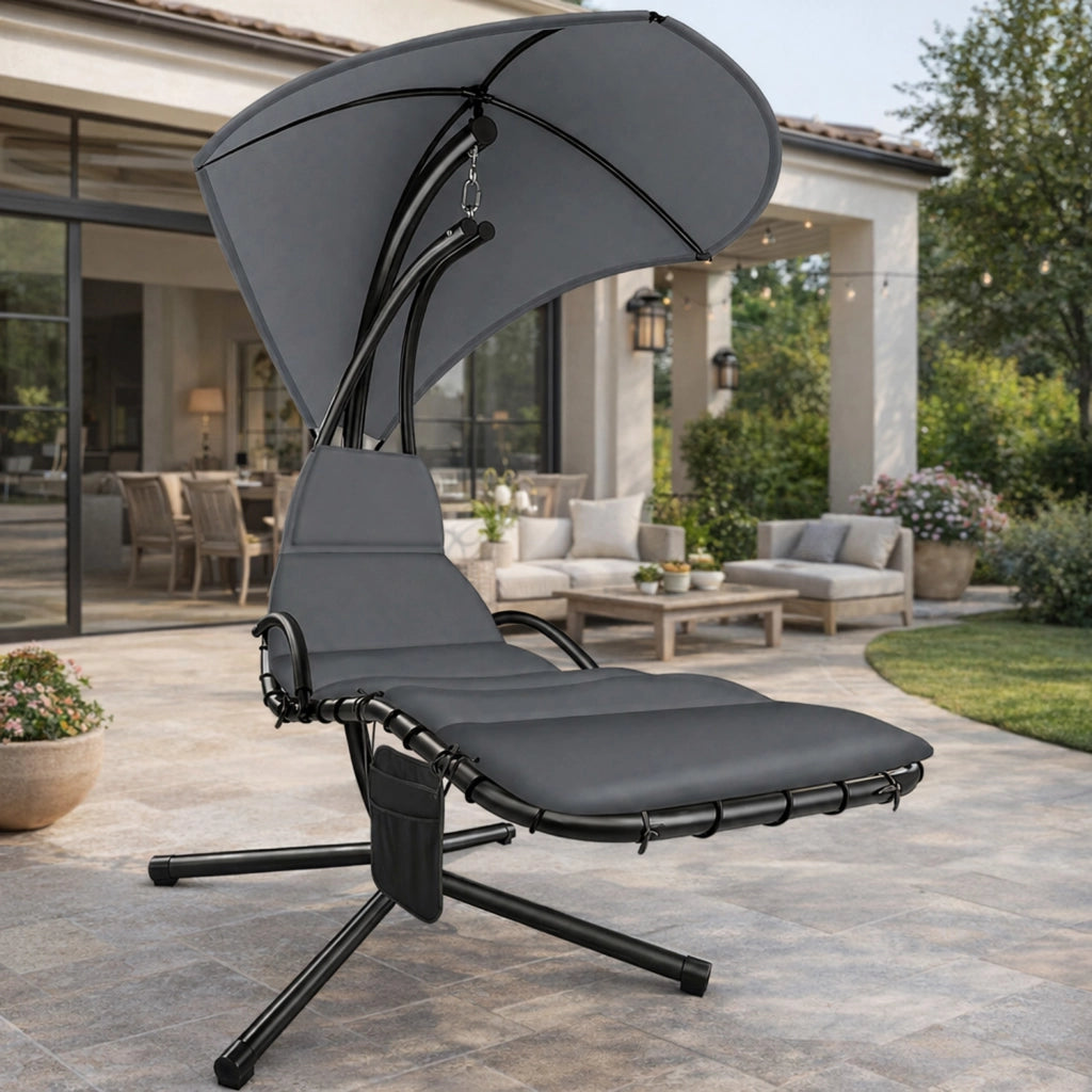 Sdraio A Sospensione Con Ombrellone Grigio E Cuscino Ergonomico Amaca Da Giardino In Poliestere Resistente Per Arredamento Esterno Terrazzo Bordo Piscina Formato 195x132x197 Cm