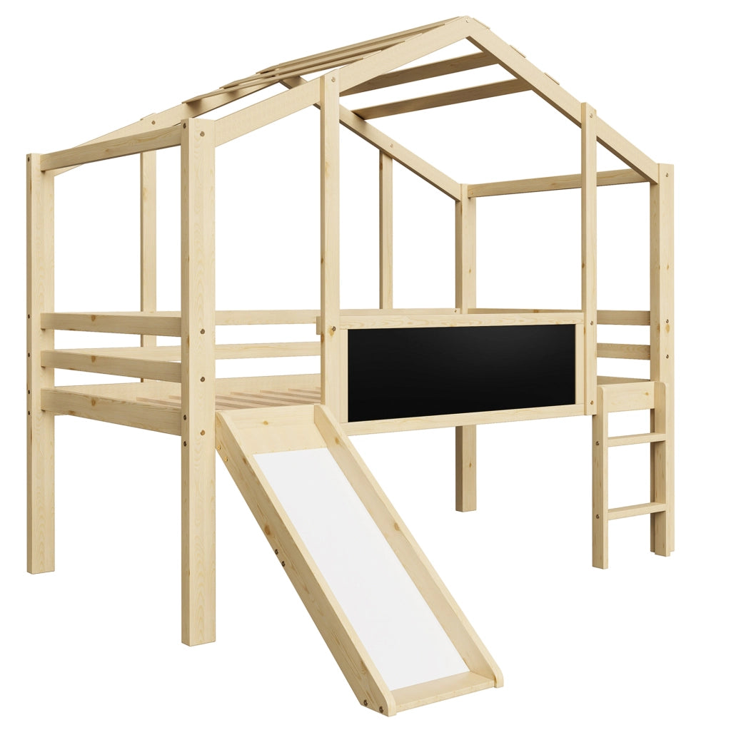 Letto a soppalco per bambini 90x200 cm in legno massello con scivolo e lavagna