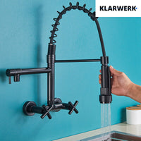 Björn |Rubinetto gastronomico a parete nero opaco|professionale da cucina in acciaio inox a due getti|Rubinetto doppio per lavello ristorante a parete