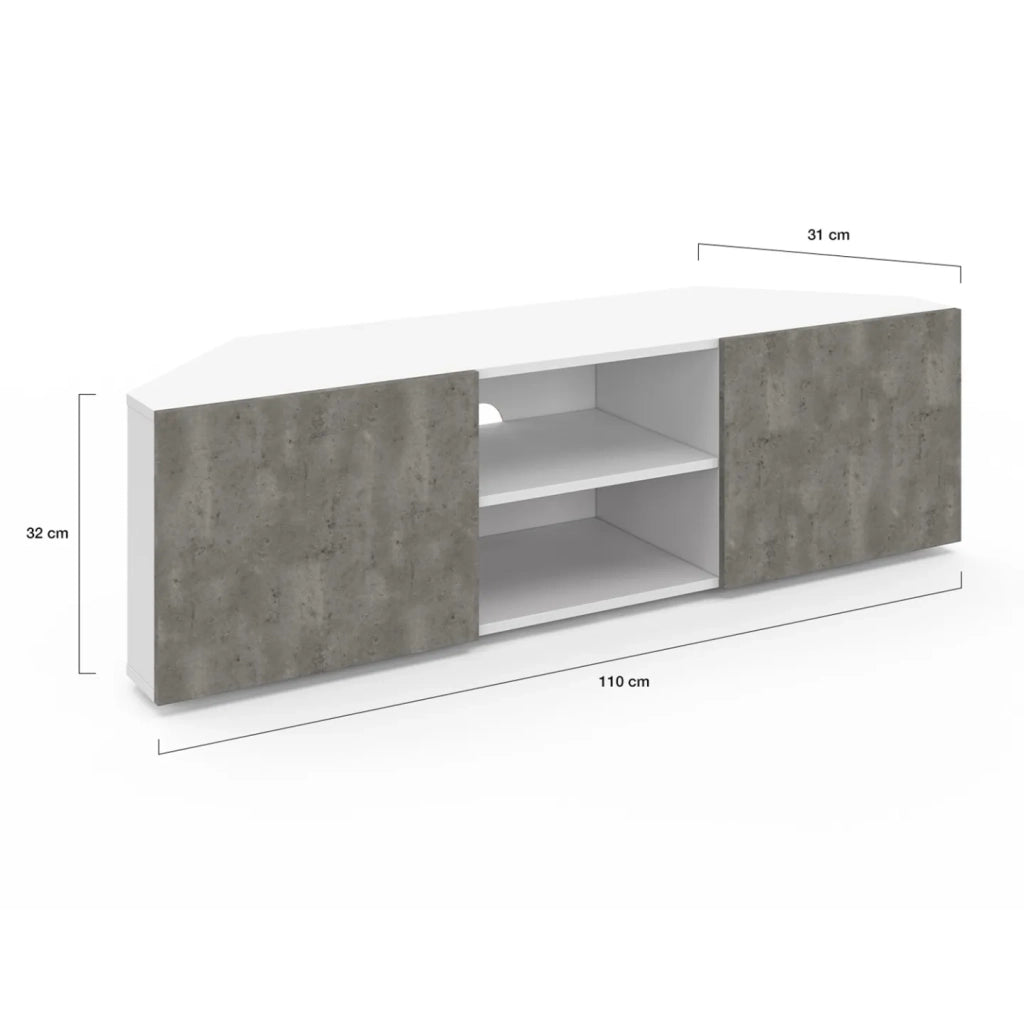 IDMarket - Mueble TV esquinero ELI blanco con puertas efecto hormigón 110 cm