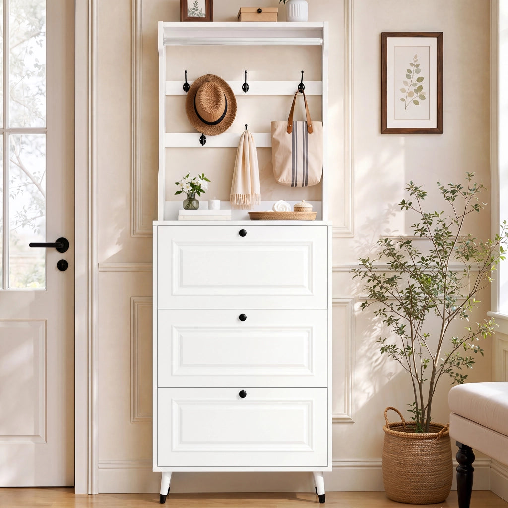 Mobile da ingresso con 3 ante a ribalta; 6 ganci e asta; per scarpe e abiti; bianco; 66 Ã— 17 Ã— 180 cm