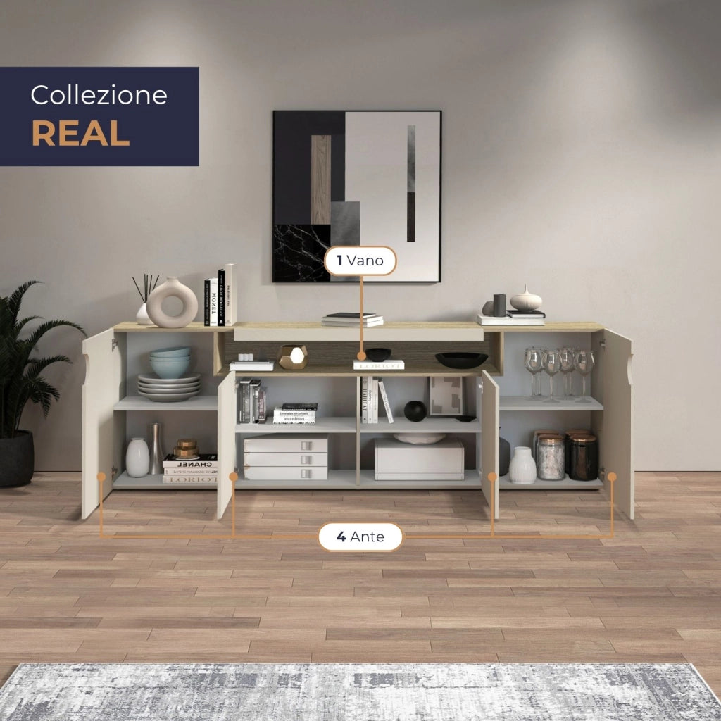 WHOUS Credenza Real con 4 ante e 1 vano aperto cashmere e rovere chiaro 200x40x80 cm