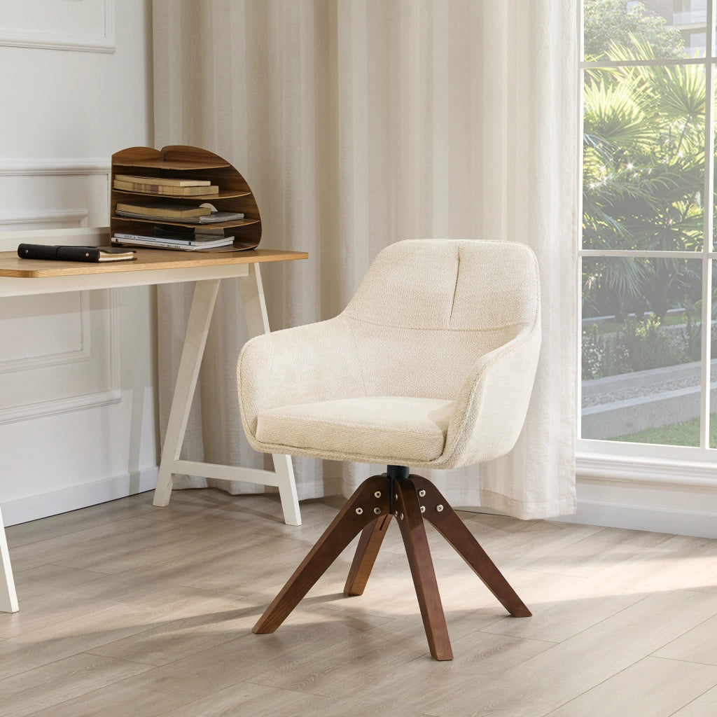 Sedia da Pranzo Set da 2 Girevole a 360° con Braccioli e Schienale Ergonomico in Tessuto Bianco e Legno Massello Noce